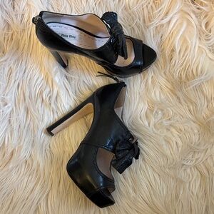 Miu Miu Black Leather Heels with Bow Accent